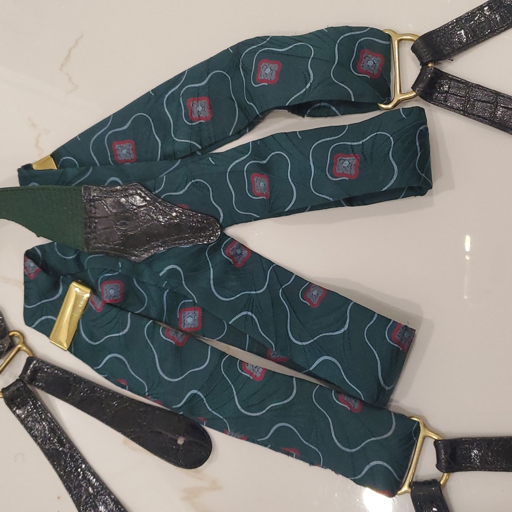 Vintage Polo Ralph Lauren Alligator Skin Leather Silk Brass Suspenders Braces